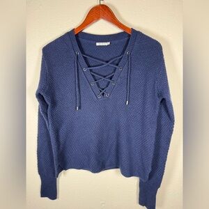 Sea Bleu Navy Cashmere Sweater vneck Lace Up Nautical Coastal Small